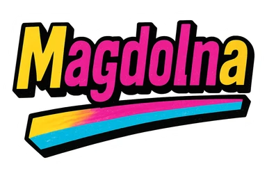 Magdolna name in modern colorful gradient font with dark outline, dynamic slanted or partial underline, transparent background, in the style of reference patterns sticker
