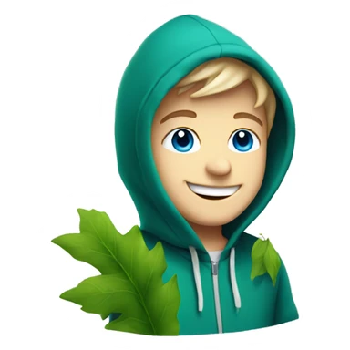 smiling Caucasian boy with blue eyes in hoodie surrounded by green leaves and smoke sticker
