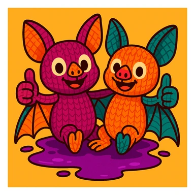 two knitted toy fruit bats giving a thumbs-up, sitting in a puddle of purple liquid, vibrant toon style sticker