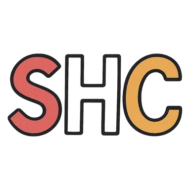 Edit the image to have the letter H in 'SHC' as pure white, the letter S in red, and the letter C in orange. Use a simple sans-serif font style. Keep the background transparent. sticker