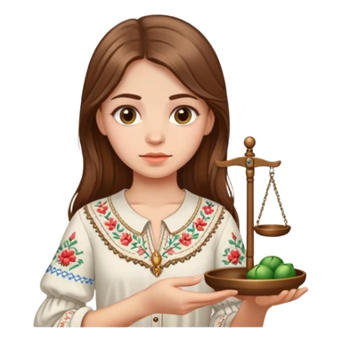 A Ukrainian girl with brown hair in an embroidered shirt holds the scales of truth in her hand sticker