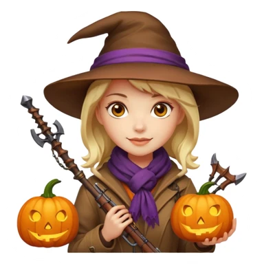 female human monster hunter emoji, wearing brown coat and hat, holding crossbow, soft smile, scarf, glowing pumpkin by her side, Halloween fantasy style, clean vector Apple emoji look, bright colors, white background, square sticker
