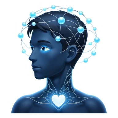 elegant man silhouette with delicate interconnected lines and floating orbs, luminous cores at head and heart, soft white-blue light sticker