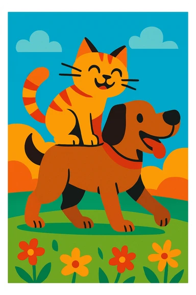 cat riding a dog, vibrant cartoon style sticker