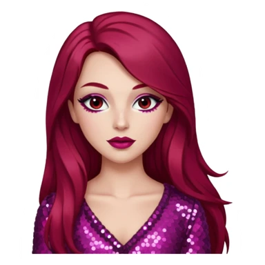 Chappell Roan (b.1998) with long dark red hair, dark pink sequin outfit, makeup sticker