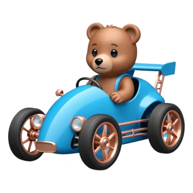 dar crystal blue and rosegold-accented rc racing car driven by a small cute Freddy bear with rear spoiler, safety cage, and wheely bar sticker