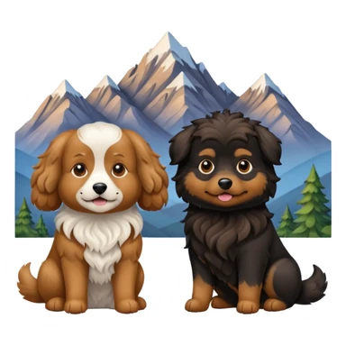 two dogs with wavy hair, one black and one brown with mountains sticker