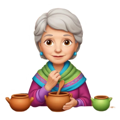 cartoon Apple iOS emoji style rural elderly woman, pastel colors, Chilean wooden kitchen background, clay pots, warm light, detailed and clean vector art sticker