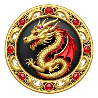 Golden dragon crest / brosch in a circle with red gems and no background sticker