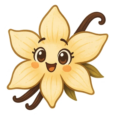 stylized vanilla flower with doe eyes, joyful atmosphere, transparent background sticker