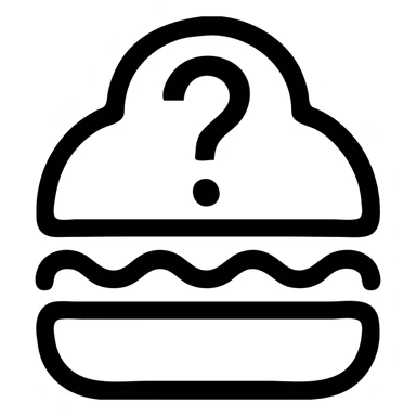 minimalist black hamburger silhouette with a white question mark overlaying the top bun, icon style, transparent background sticker