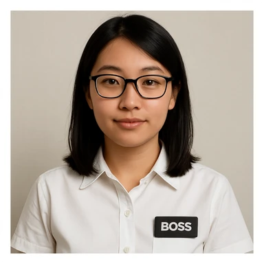 Asian girl wearing glasses, white shirt with a visible boss's work tag, neutral background, clean and simple style sticker