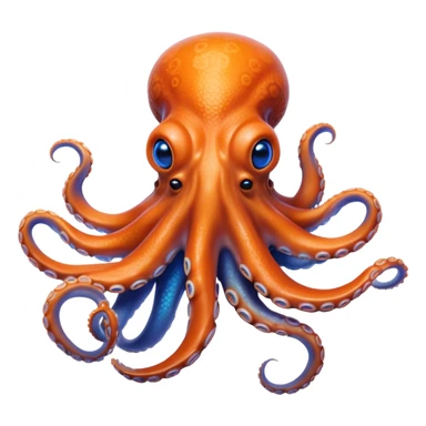 Cinematic Realistic Noble Octopus Portrait Emoji, Poised and majestic, with a sinuous, flowing body in vivid orange accented by intricately detailed blue rings, and intelligent, penetrating eyes that reflect ancient ocean lore; rendered with lifelike texture and natural iridescence, high shine, intelligent and formidable, styled with an aura of mystical marine power, focused and attentive, soft glowing outline, capturing the essence of a watchful and confident octopus that appears ready to glide out of the screen with timeless authority! sticker