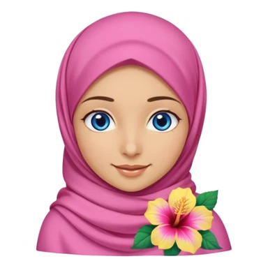 Turkish beautiful finish Konya girl blue eyes with pink yellow summer hijab islamic dress and had on her side part hijab hibiscus flower and she’s happy sticker