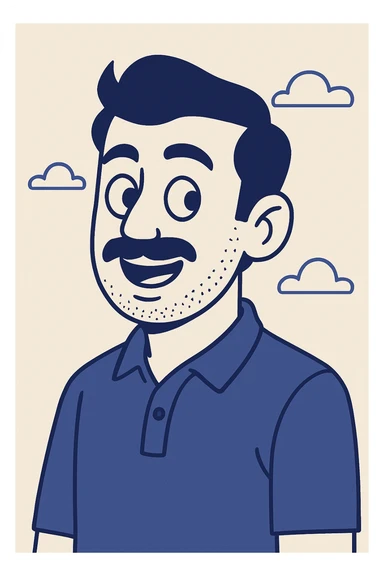 Add a shaped, slight stubble beard to the smiling, curious Indian young man with a moustache, keeping the flat cartoon style. sticker