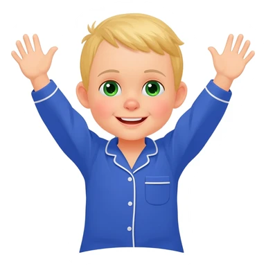 Use the same 3 year old blonde boy with green-blueish eyes, it should be the same boy as before  happy with plain blue pajamas raising both arms up, on the bed, the bed should be gray sticker