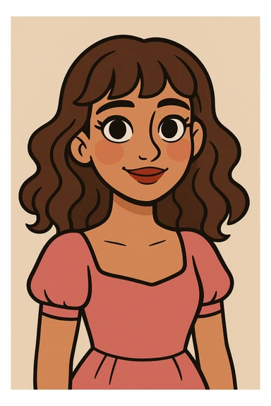 A pretty girl with medium skin, rosy cheeks, big dark hazel eyes, long lashes, wavy brown hair with bangs, soft nose, natural red lips, feminine features, in a pink dress, in a gentle cartoon style. sticker