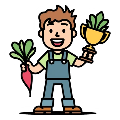 Happy gardener with trophy and prize vegetables sticker