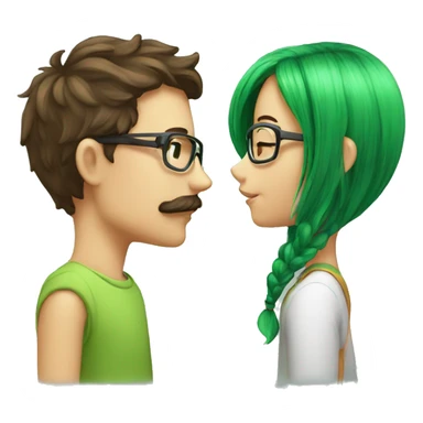 A boy with brown hair and a mustache is kissing a green haired girl wearing glasses sticker