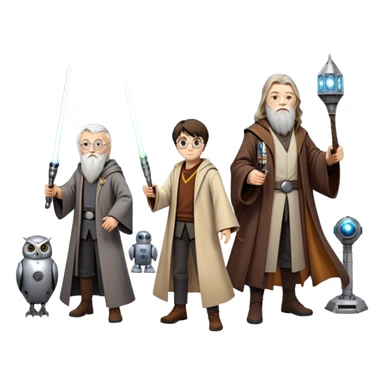 Icon for Fantasy and Sci-Fi Movies: Collage featuring Harry Potter with his wand, Dumbledore, Luke Skywalker with a lightsaber, and futuristic robots. Background with a magical planet, Hogwarts, flying owls, and spaceships. Epic and magical atmosphere. Transparent background. sticker