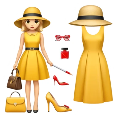 Icon for Fashion Design: a clothing scheme, a measuring tape and a pencil, a stylish hat, a bright dress, shoes and a handbag with measurements. The emoji should represent the creative and precise process of fashion design. Transparent background. sticker