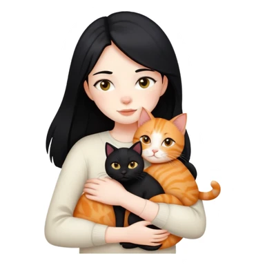 A black-haired girl hugs a ginger cat and A black cat sticker