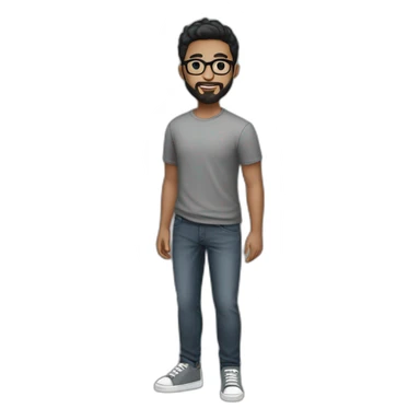 Full-body young man with short black hair and beard and black glasses wearing a gray shirt and dark jeans and sneakers sticker