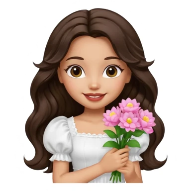 generate a pretty bratz girl with in a white puff sleeve top.  light lipgloss on . dark Brown wavy hair long. carrying flowers  sticker