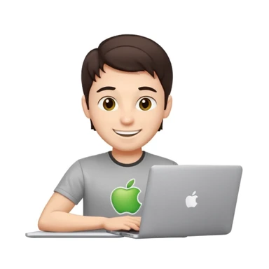 apple-style emoji of a cheerful young male coder, dark brown hair, hazel eyes, dimple, smiling and winking, tech t-shirt, working on a MacBook with Apple logo, light gray background sticker