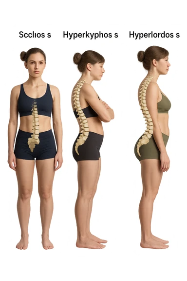 fai un immagine identica che riguarda 3 posture scorrette: scoliosi, ipercifosi e iperlordosi. falla iperrealistica anatomica in 4k con spina dorsale storta in evidenza su ogni figura sticker