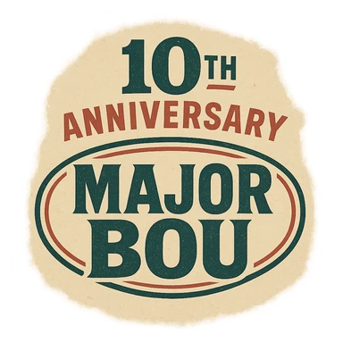 Retro-style 10th anniversary logo for Major Bou with bold typography and vintage colors sticker