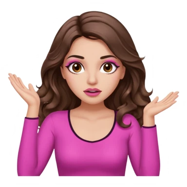 girl with long wavy brown hair, brown eyes, long lashes makeup, sexy pink lips, light to medium complexion, pink sexy top, two hands up, shrugging, confused sticker