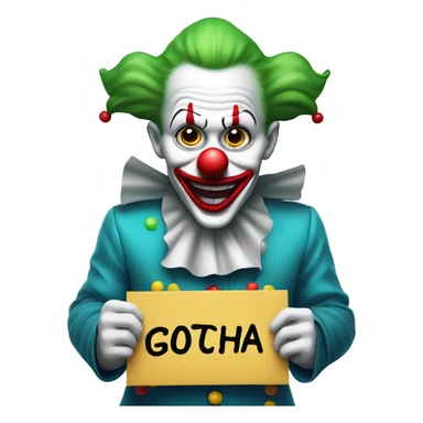 Clown holding a sign stating, "gotcha" sticker