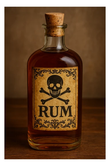 a classic rum bottle, corked, with a pirate-style label sticker