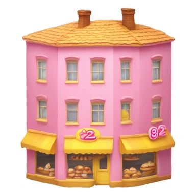 a three-floor bakery with huge house number 22 on the facet, pink and yellow only on the facet sticker