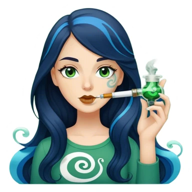 White Girl with brown eyes dark black/blue long hair. She is Smoking out of a green and white and blue swirl designed bong smoke above her. sticker