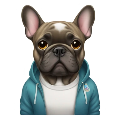 Brindle Frenchbulldog wearing a sweatshirt sticker