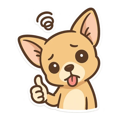 Abstract emoticon pack, a Chihuahua head with a dementia, tilting its head, sticking out its tongue, giving a thumbs up, and an ambiguous expression sticker