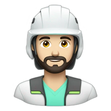A young Turkish electrical engineer with a light black beard, a white helmet and a phosphorescent protection jacket sticker