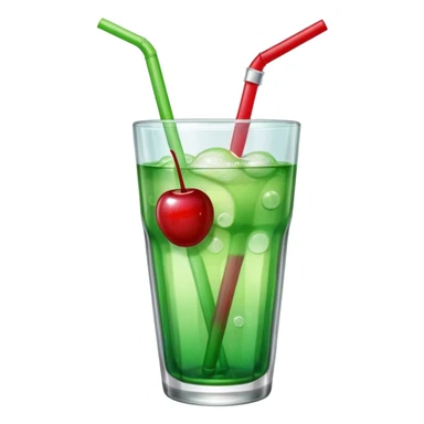 Create an emoji with a clear rounded glass, bright transparent green soda with fine bubbles, a smooth vanilla scoop, a glossy red cherry, and a black straw, using vibrant colors, soft shading, and clear glass highlights.
 sticker