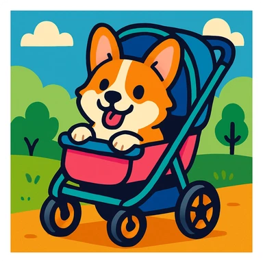 a cute corgi sitting in a dog stroller, playful and friendly, cartoon style, vibrant colors sticker
