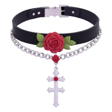 gothic choker with crimson velvet band, silver cross pendant, deep red rose centerpiece, dramatic and gothic sticker