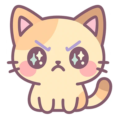 kawaii chibi-style cat emoji with pastel orange and brown cream fur, anime-style angry expression, sparkly eyes, blushing cheeks, pastel color palette, soft rounded design, vector art sticker