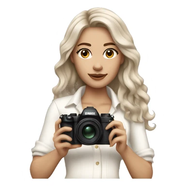 wearing off white classy outfit, her skin tone is light and hair color is ash brown. Hair style is beach waves. The hair is mid length . She has a white skin tone and is holding her camera. She’s taking a picture of someone  sticker