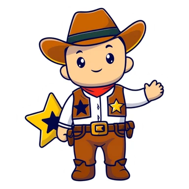 A cartoon stuffed baby cowboy toy with star-shaped patches and a little sheriff badge sticker