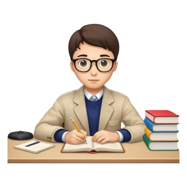 South Korean high school student at desk, surrounded by study materials, showing focus and perseverance, Apple iPhone emoji style sticker