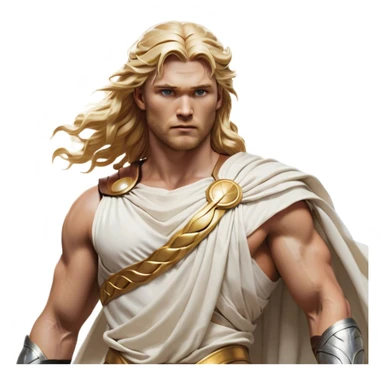 Cinematic Realistic Thor Portrait, depicted as a classical Greek god with a chiseled, sculpted physique reminiscent of ancient marble statues. His fair, luminous skin carries a subtle golden sheen, and his long, wavy, sun-kissed golden hair flows elegantly around his noble face, accentuating his determined, piercing eyes. Draped in a flowing white toga with delicate golden accents and hints of lightning motifs, the portrait is rendered in dynamic natural lighting with a radiant, mythic glow that exudes timeless strength and divine grace. sticker