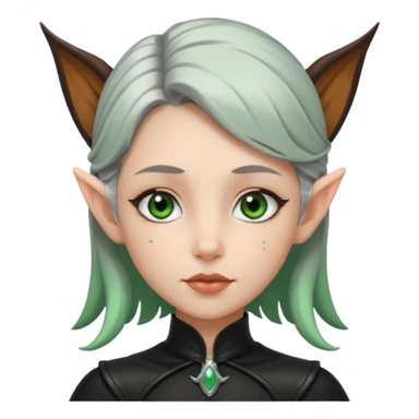 Haz un emoji de una chica con piel blanca ojos marrones y verdes nariz puntiaguda orejas de fae labios finos pelo plateado con un recogido y ropa de cuero negra sticker