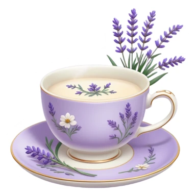 White teacup on a pastel purple plate, lavender flowers on the side, pastelcore aesthetic, cottagecore sticker