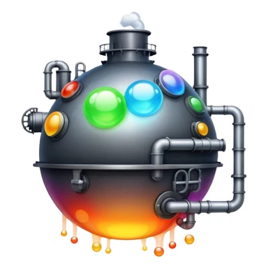 An emoji of a factory, but instead of smoke, creative ideas are coming out as glowing bubbles. sticker